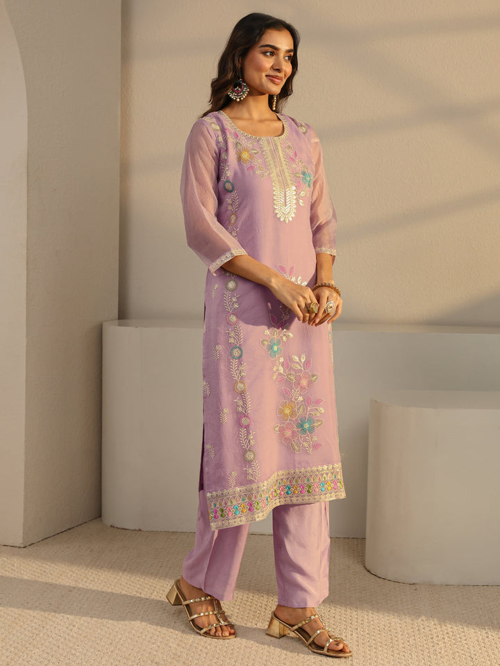 Lavender Floral Embroidered Organza Straight Suit Set