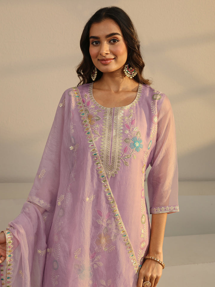 Lavender Floral Embroidered Organza Straight Suit Set