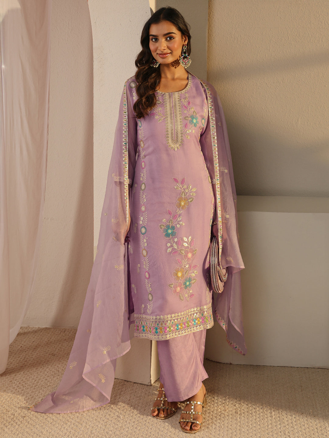 Lavender Floral Embroidered Organza Straight Suit Set