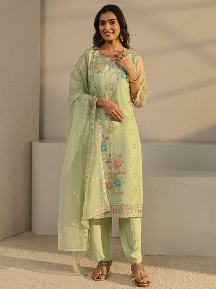 Green Floral Embroidered Organza Straight Suit Set