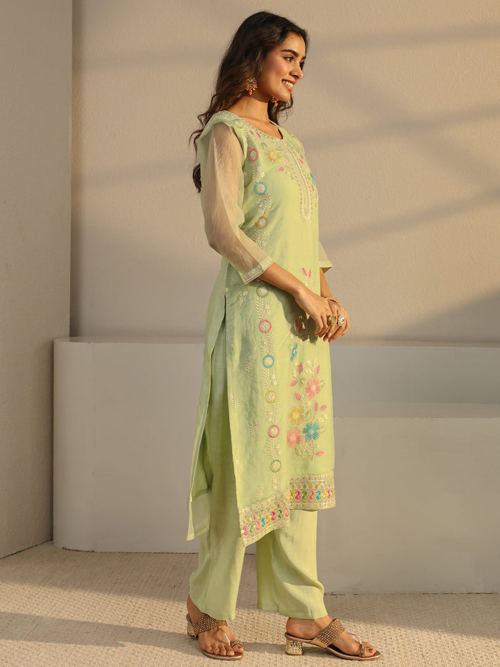 Green Floral Embroidered Organza Straight Suit Set