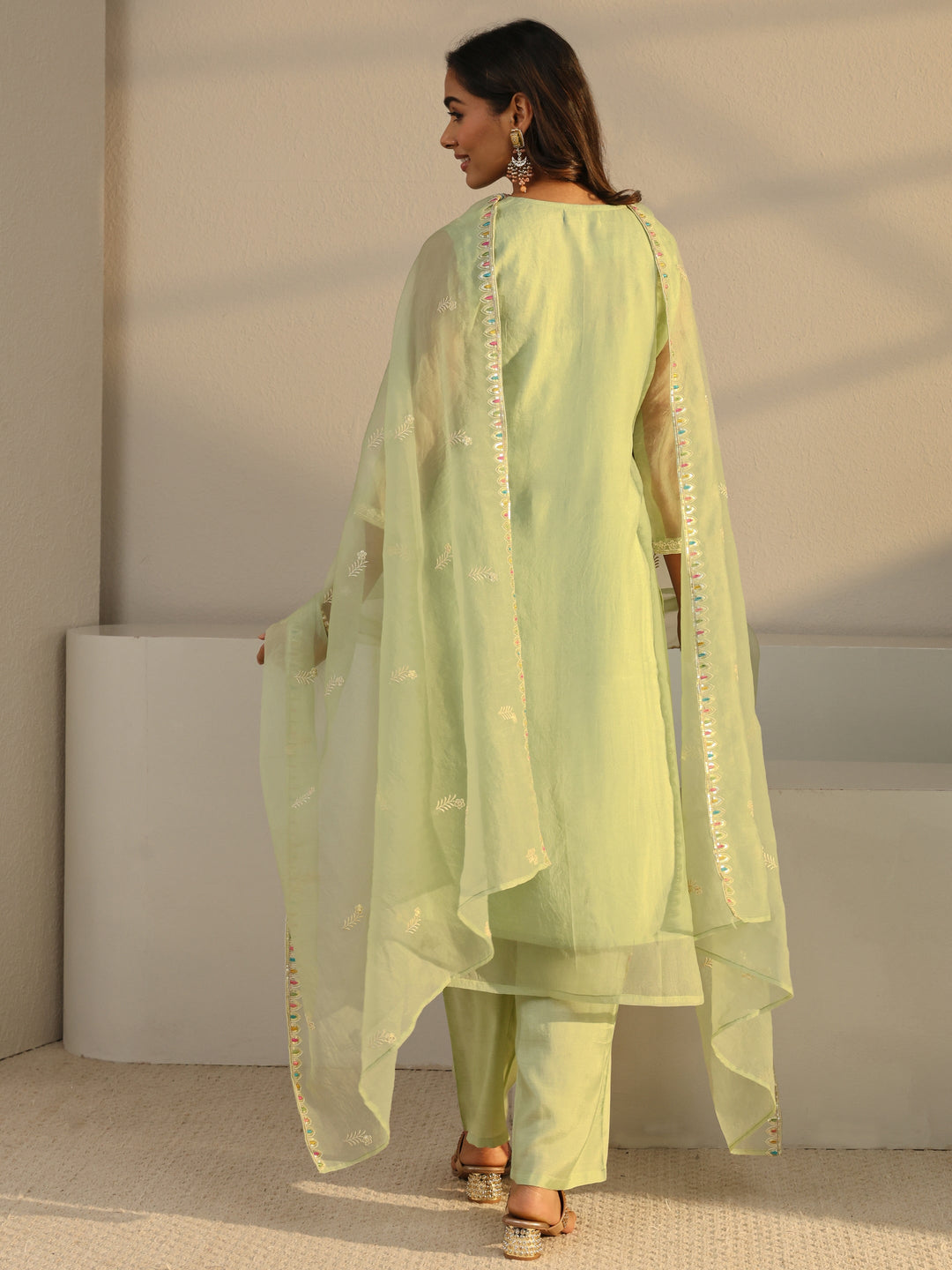 Green Floral Embroidered Organza Straight Suit Set