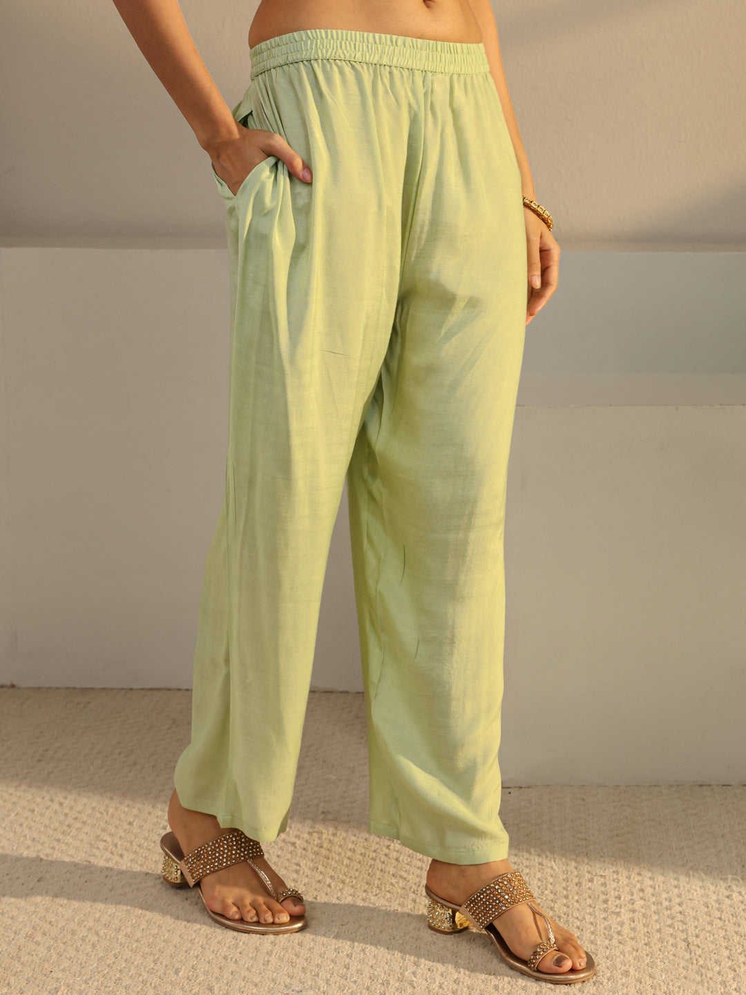 Green Floral Embroidered Organza Straight Suit Set
