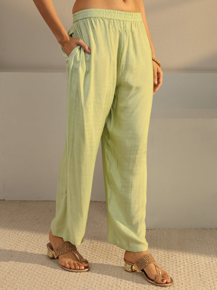 Green Floral Embroidered Organza Straight Suit Set