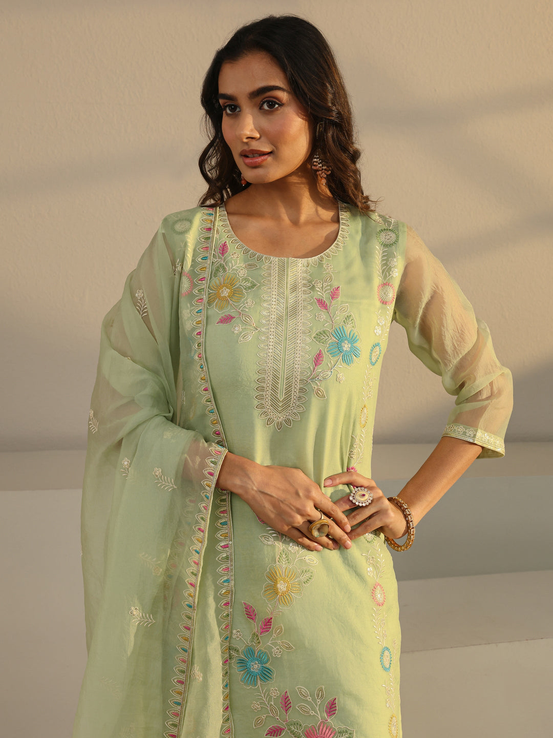 Green Floral Embroidered Organza Straight Suit Set