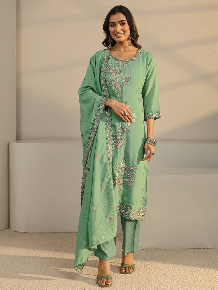 Green Floral Embroidered Silk Blend Straight Suit Set
