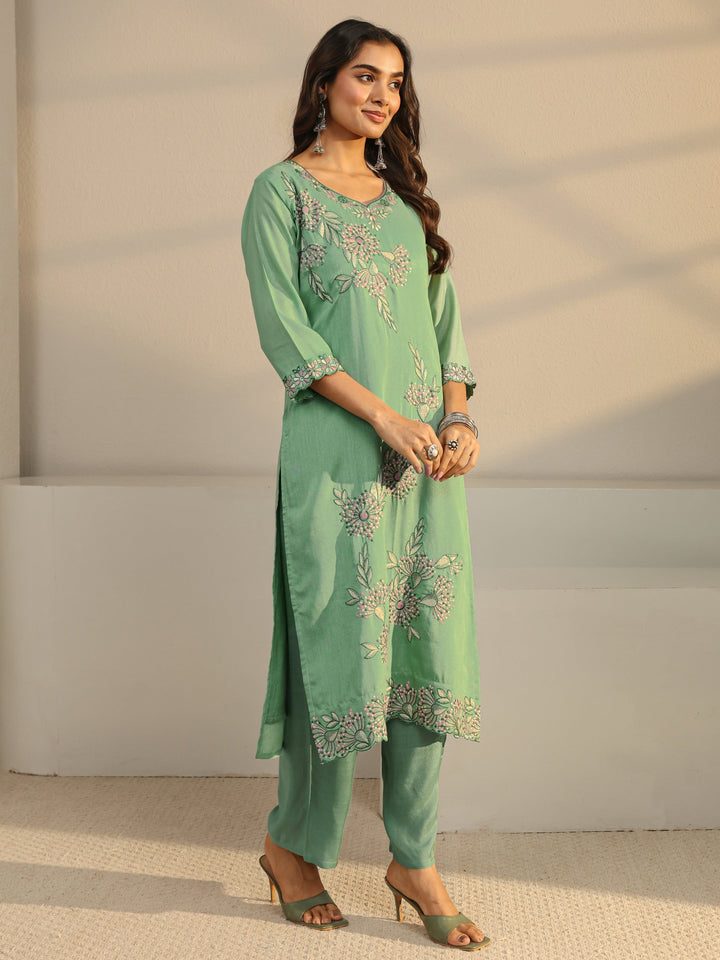 Green Floral Embroidered Silk Blend Straight Suit Set