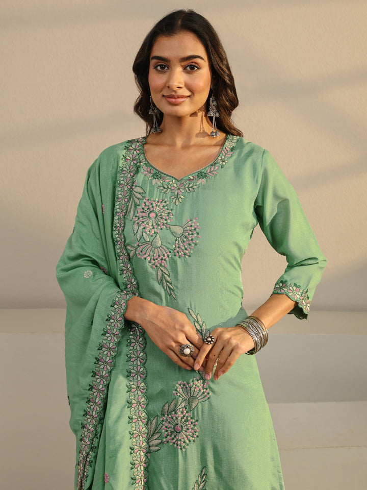 Green Floral Embroidered Silk Blend Straight Suit Set
