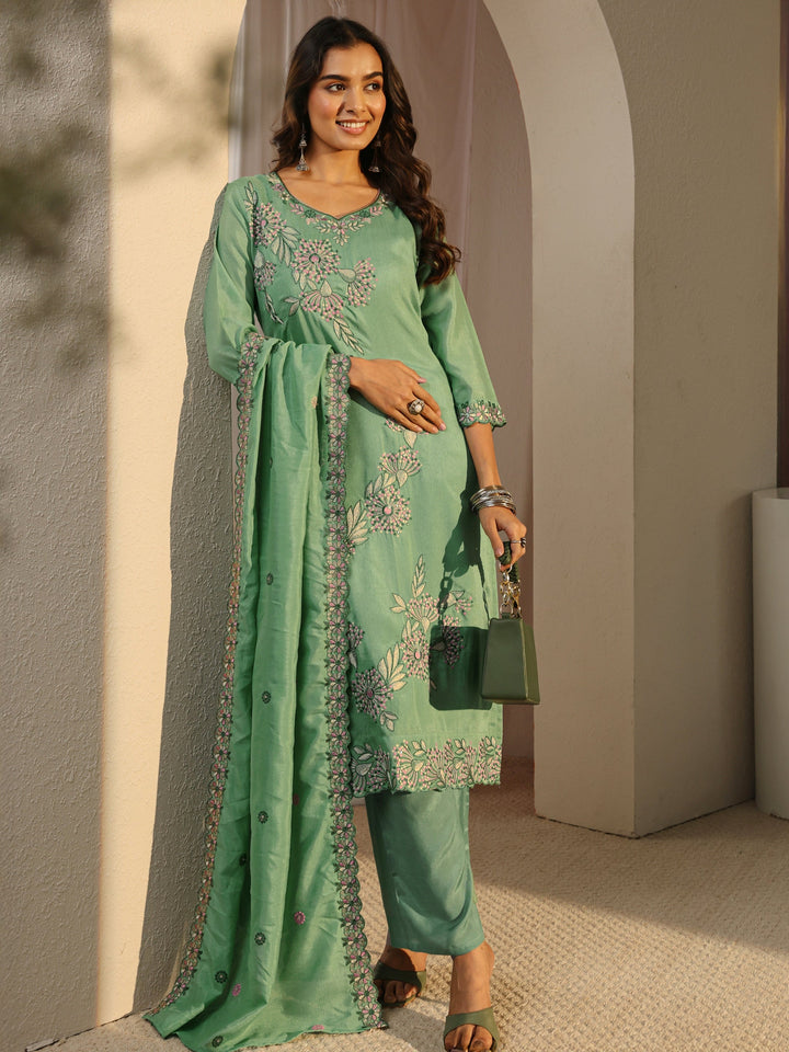 Green Floral Embroidered Silk Blend Straight Suit Set