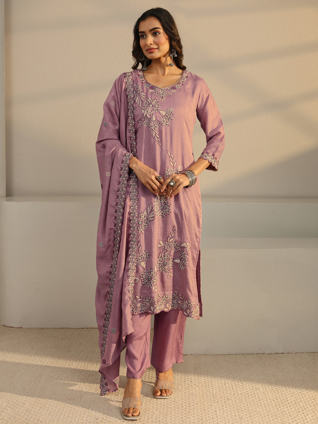 Mauve Floral Embroidered Silk Blend Straight Suit Set