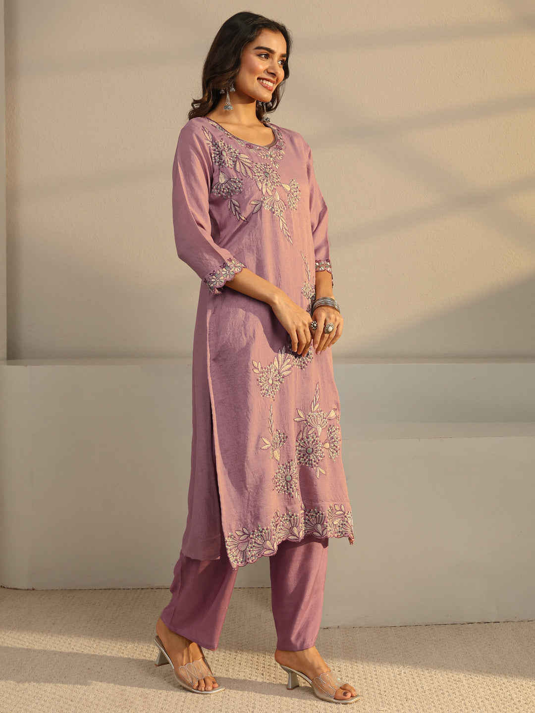 Mauve Floral Embroidered Silk Blend Straight Suit Set