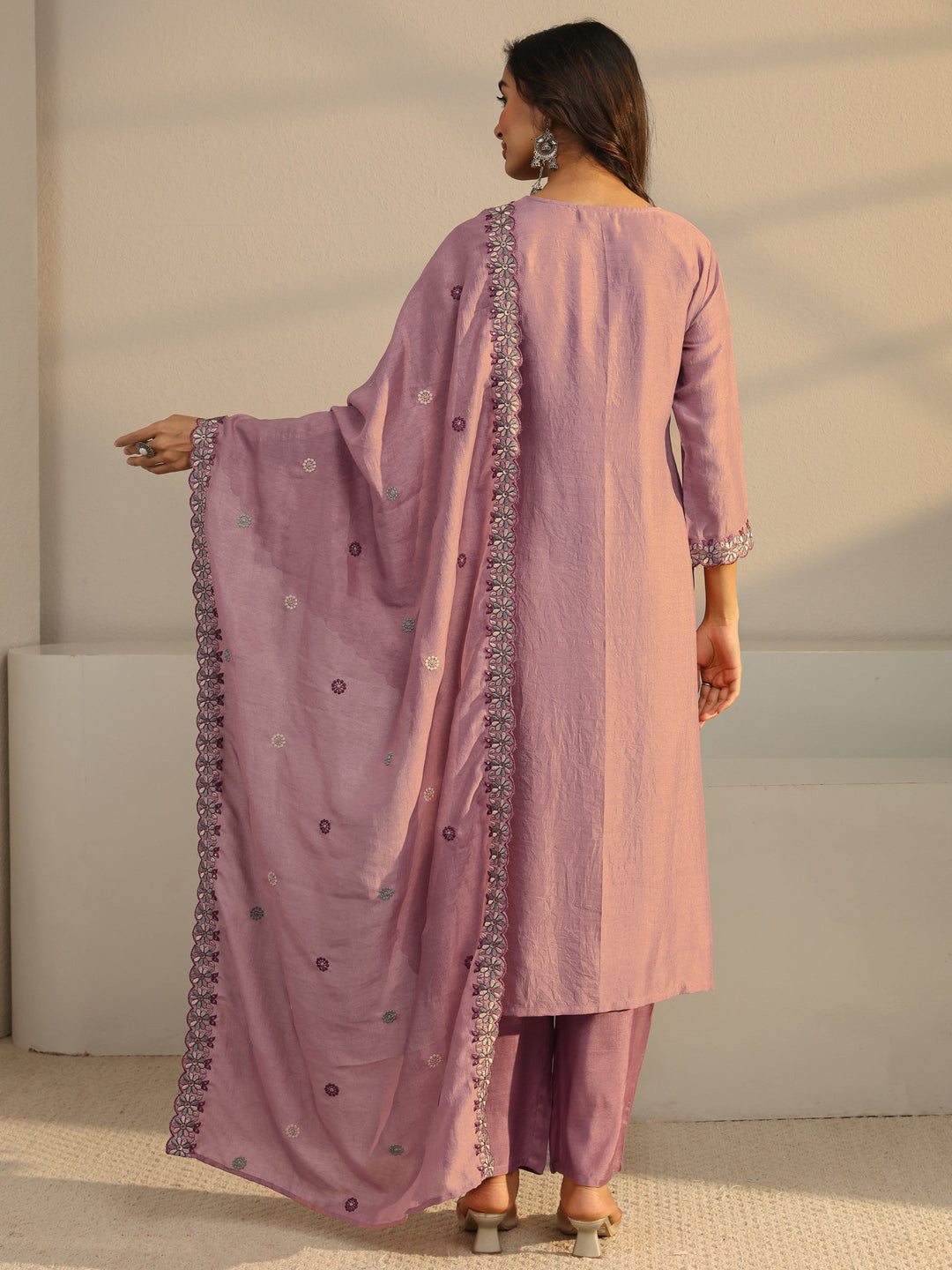 Mauve Floral Embroidered Silk Blend Straight Suit Set