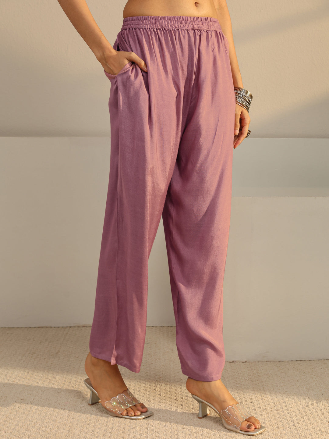 Mauve Floral Embroidered Silk Blend Straight Suit Set