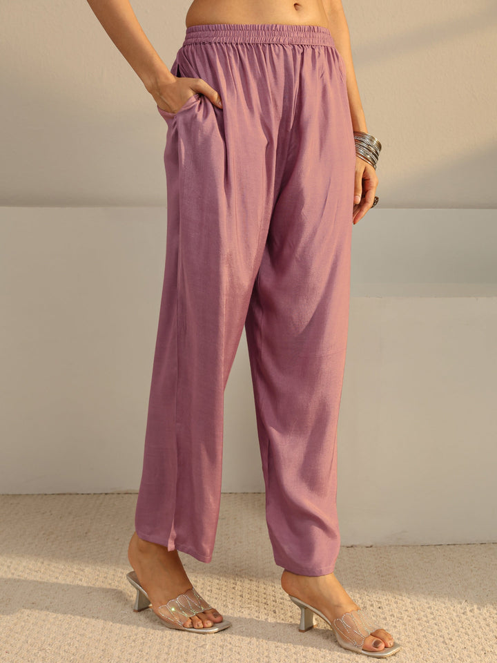 Mauve Floral Embroidered Silk Blend Straight Suit Set