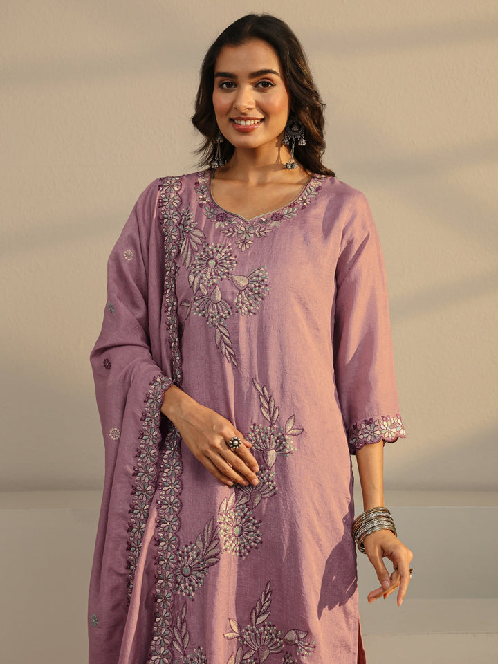 Mauve Floral Embroidered Silk Blend Straight Suit Set
