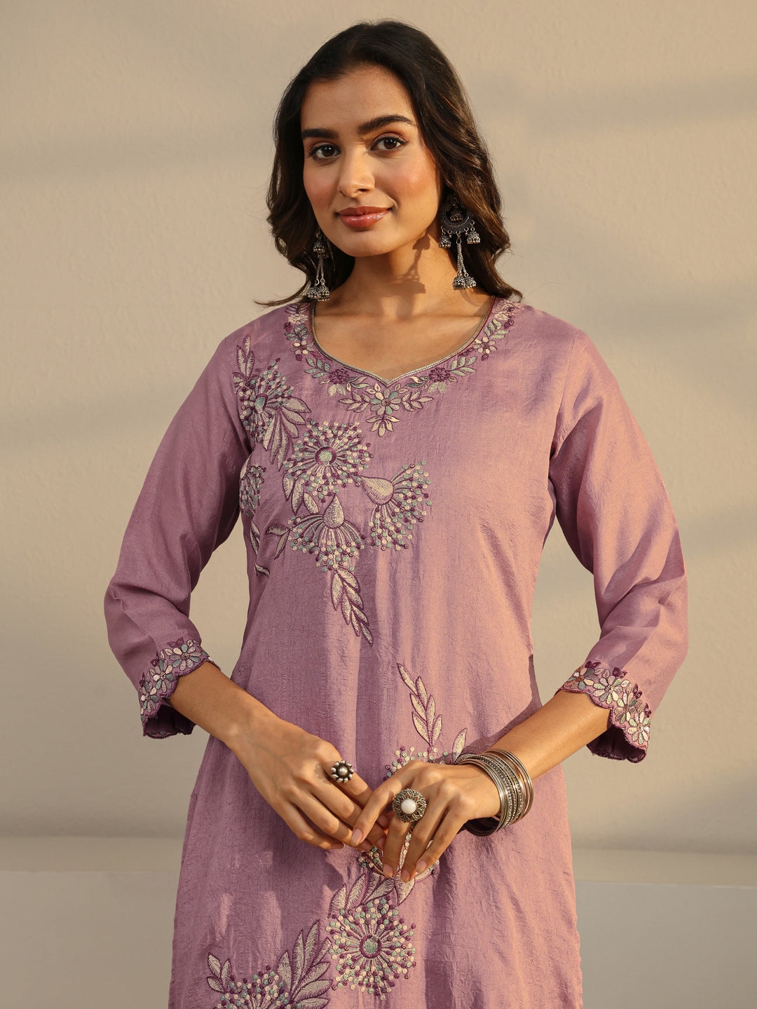 Mauve Floral Embroidered Silk Blend Straight Suit Set