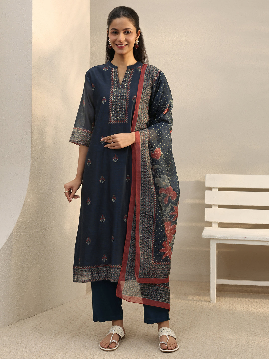 Navy Blue Ethnic Printed Silk Blend Straight Suit Set