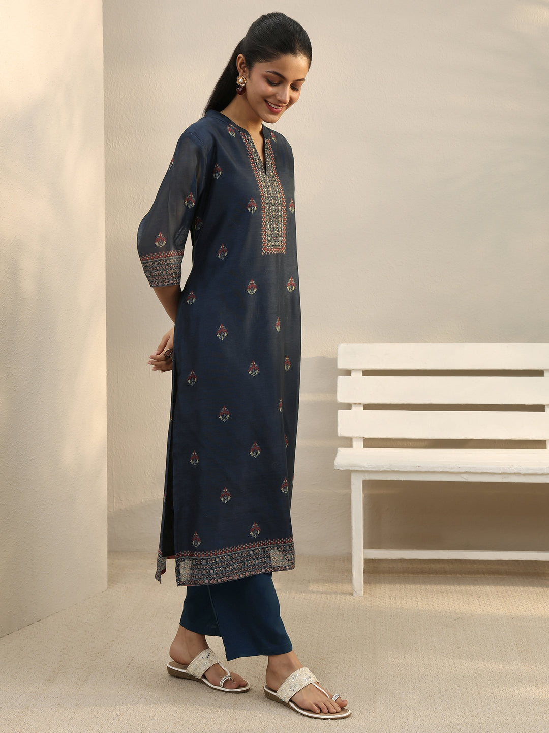 Navy Blue Ethnic Printed Silk Blend Straight Suit Set