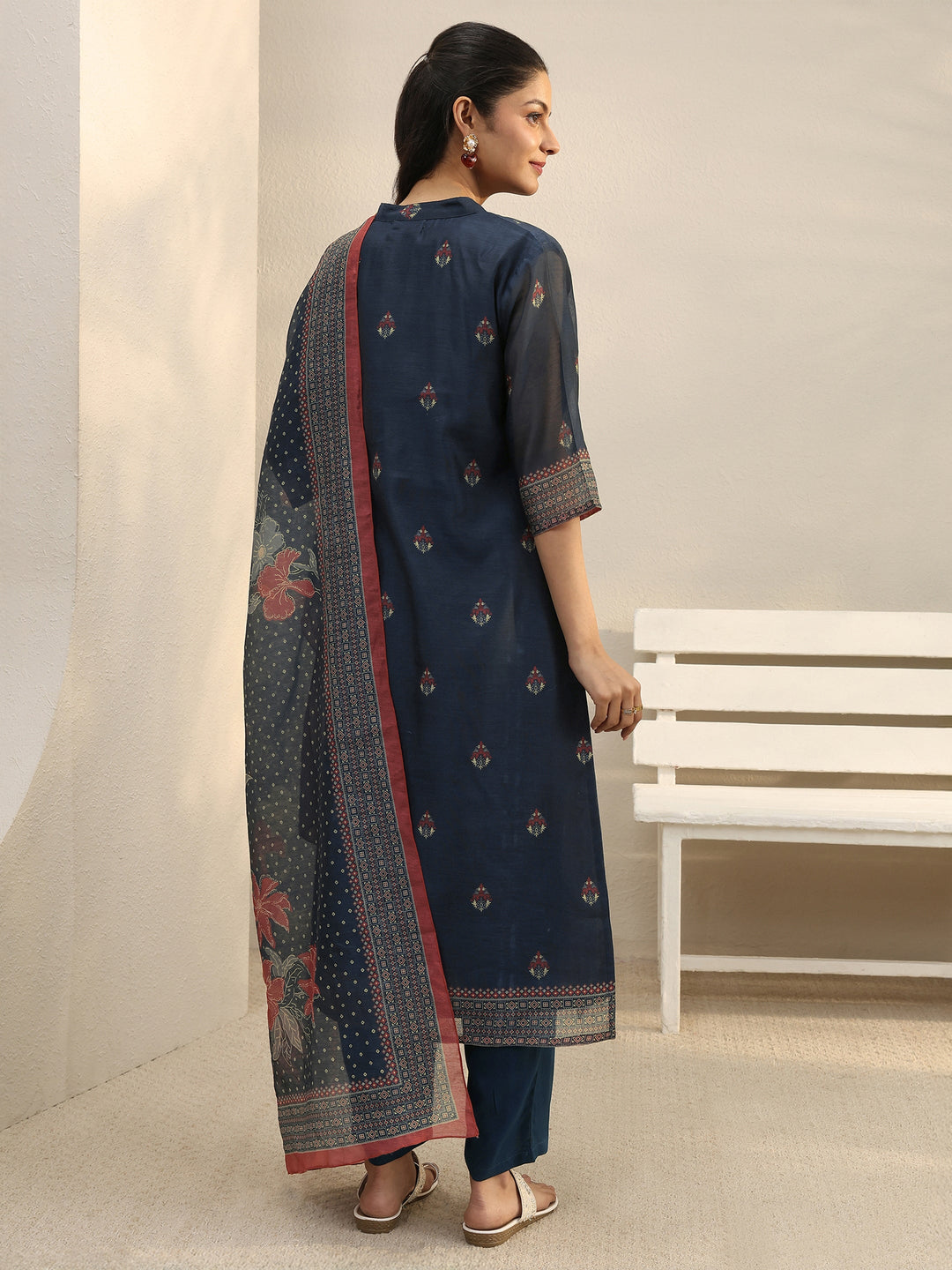 Navy Blue Ethnic Printed Silk Blend Straight Suit Set