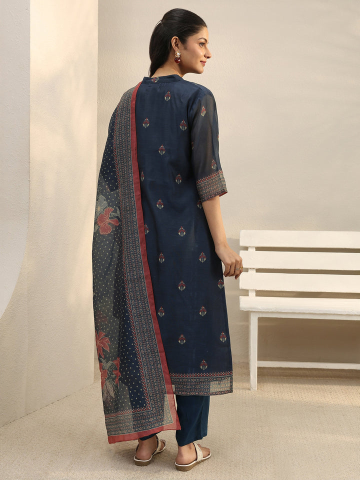 Navy Blue Ethnic Printed Silk Blend Straight Suit Set