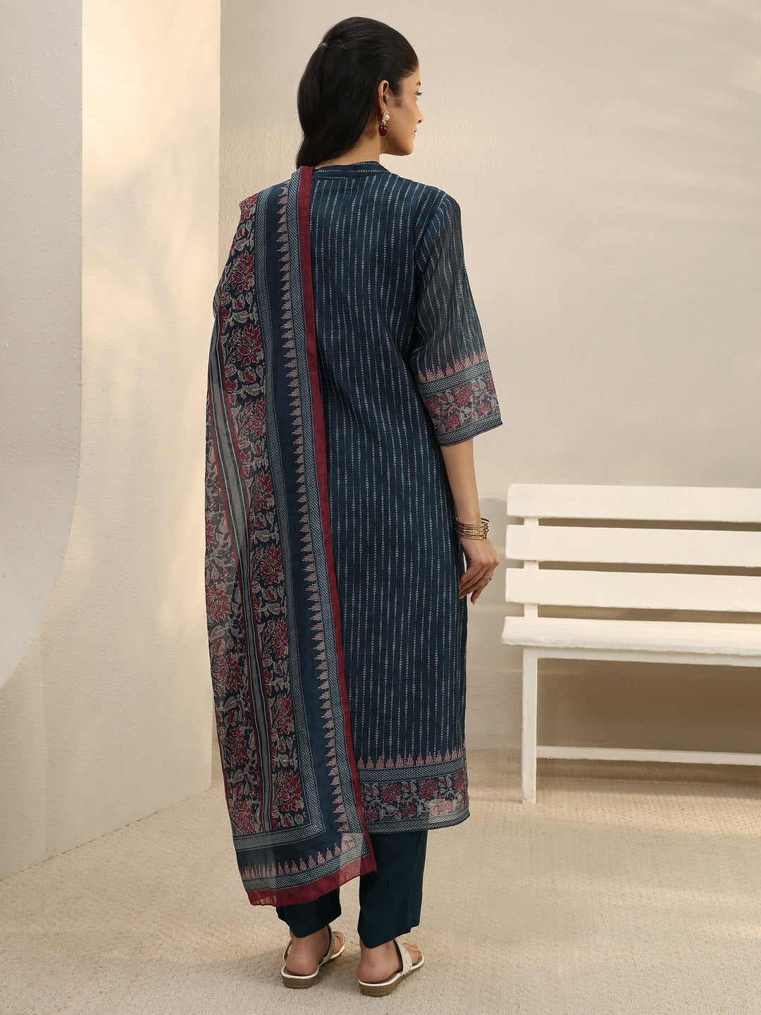 Navy Blue Striped Printed Silk Blend Straight Suit Set