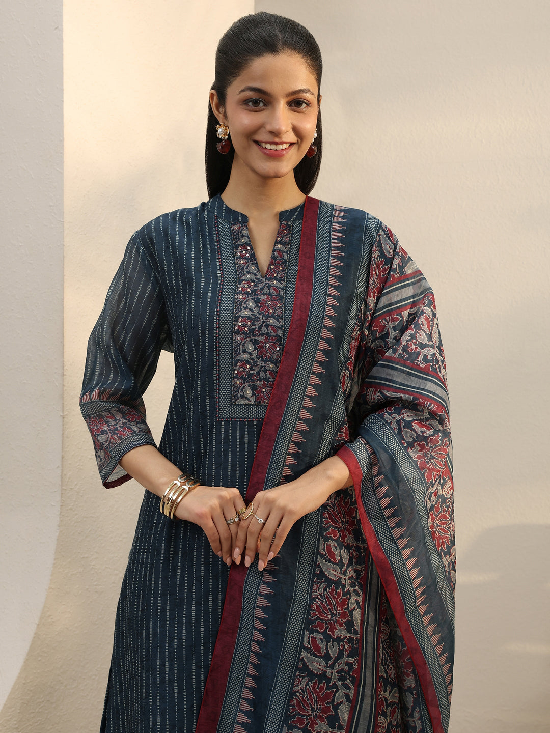 Navy Blue Striped Printed Silk Blend Straight Suit Set