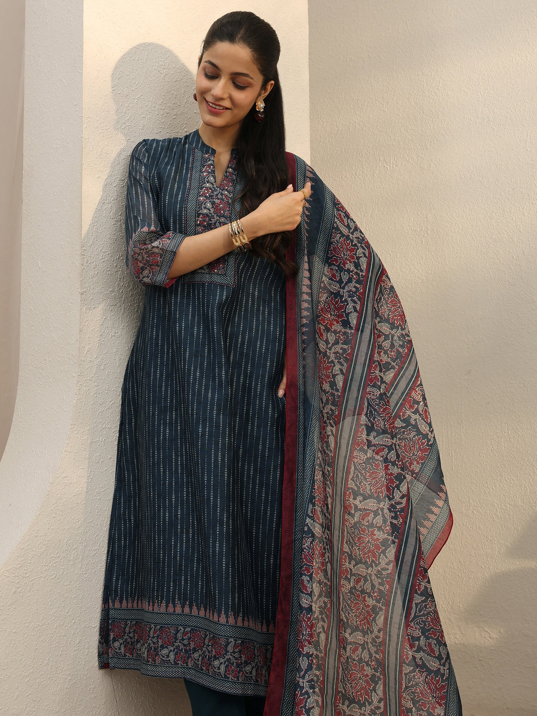 Navy Blue Striped Printed Silk Blend Straight Suit Set