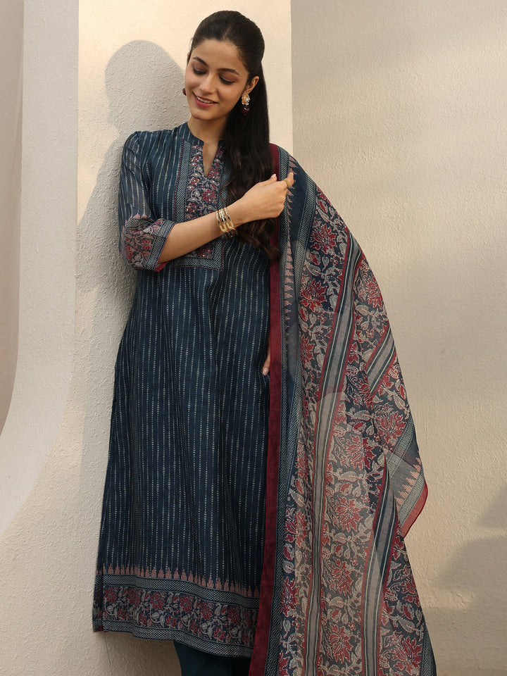Navy Blue Striped Printed Silk Blend Straight Suit Set