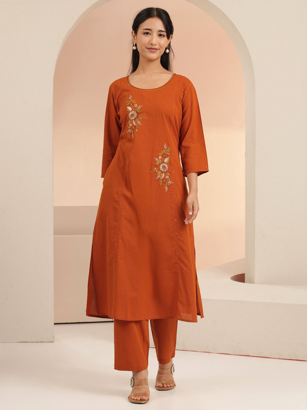 Libas Rust Floral Embroidered Cotton Co-Ord Set