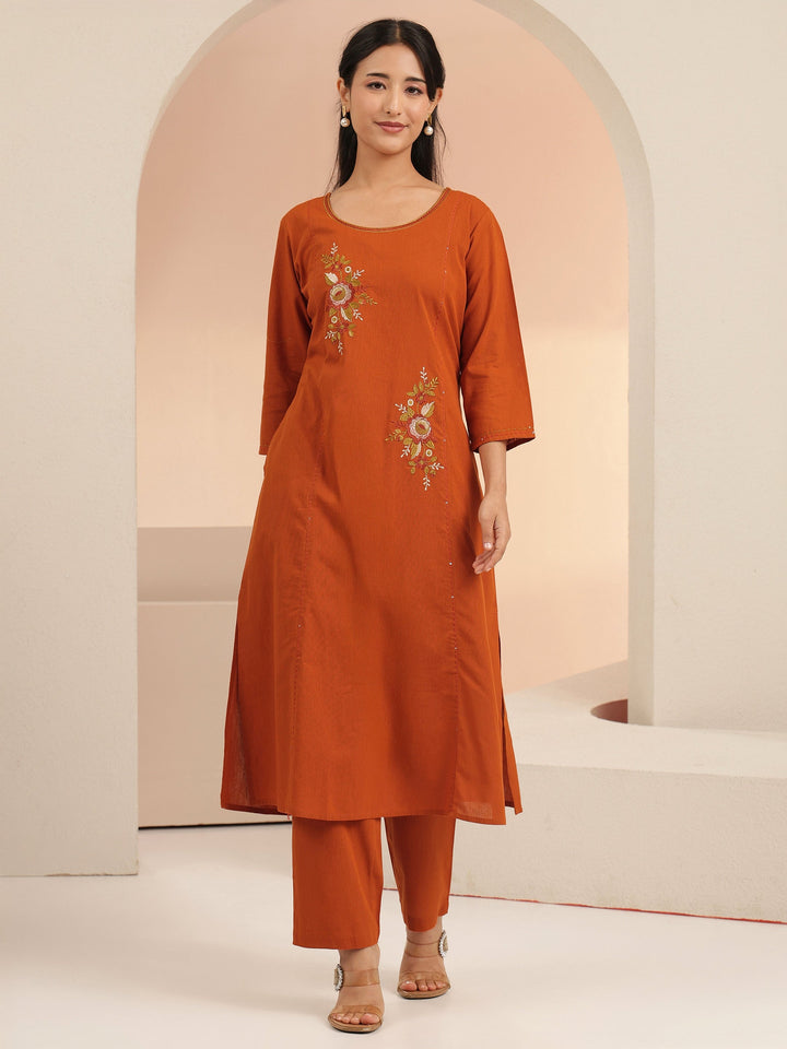 Libas Rust Floral Embroidered Cotton Co-Ord Set