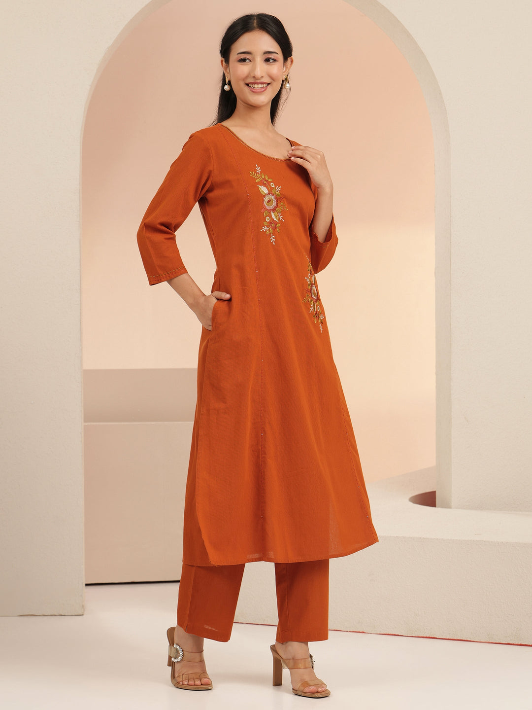 Libas Rust Floral Embroidered Cotton Co-Ord Set