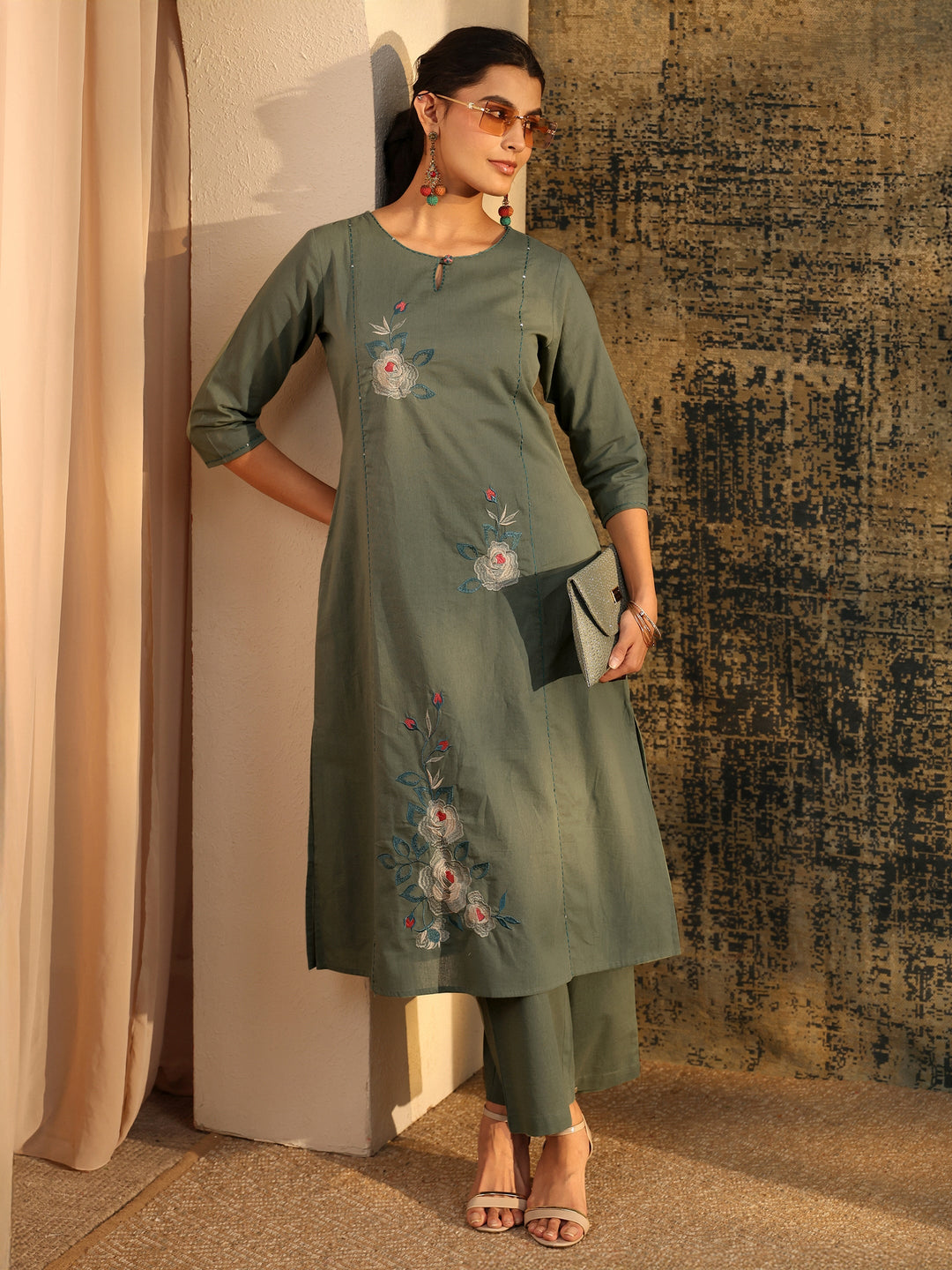 Libas Olive Green Floral Embroidered Cotton Co-Ord Set