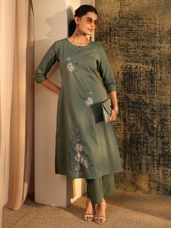 Libas Olive Green Floral Embroidered Cotton Co-Ord Set