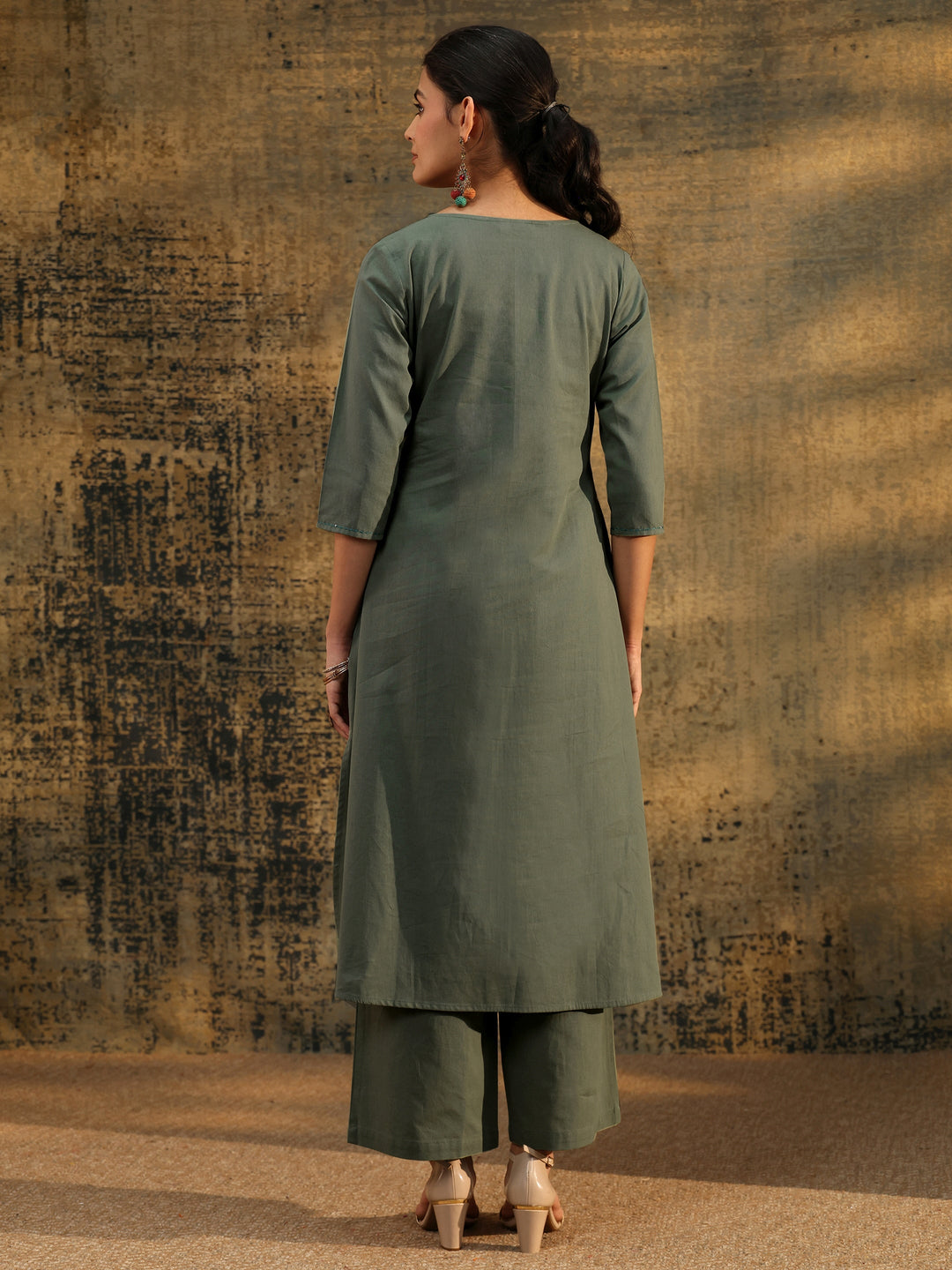 Libas Olive Green Floral Embroidered Cotton Co-Ord Set