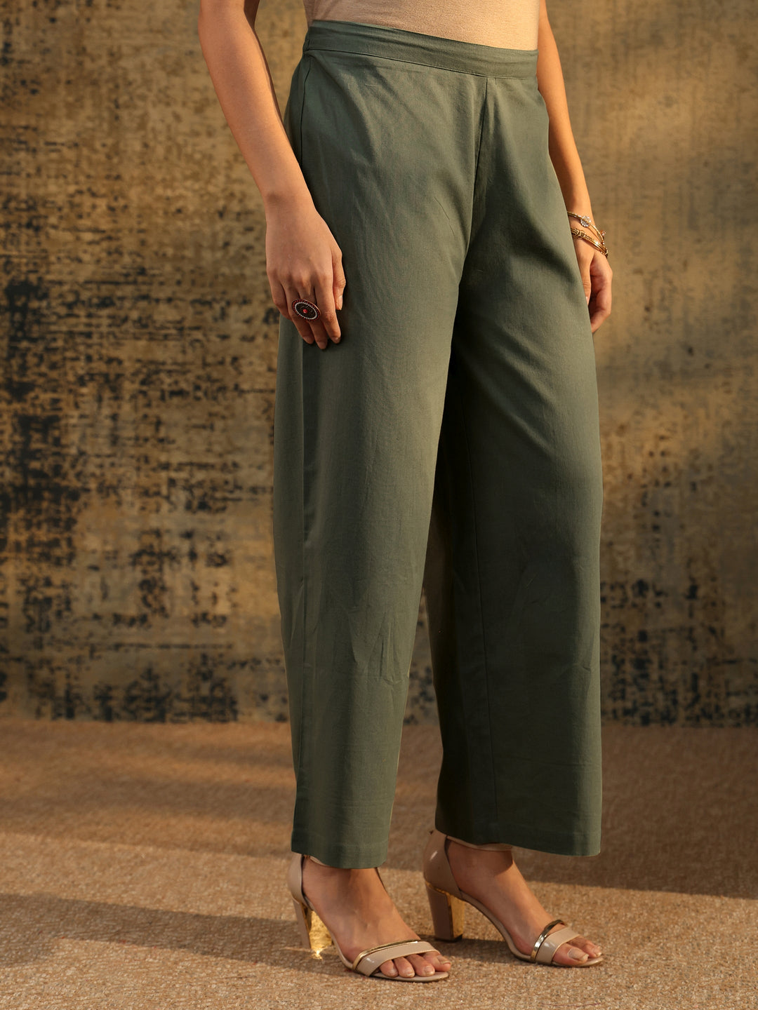Libas Olive Green Floral Embroidered Cotton Co-Ord Set