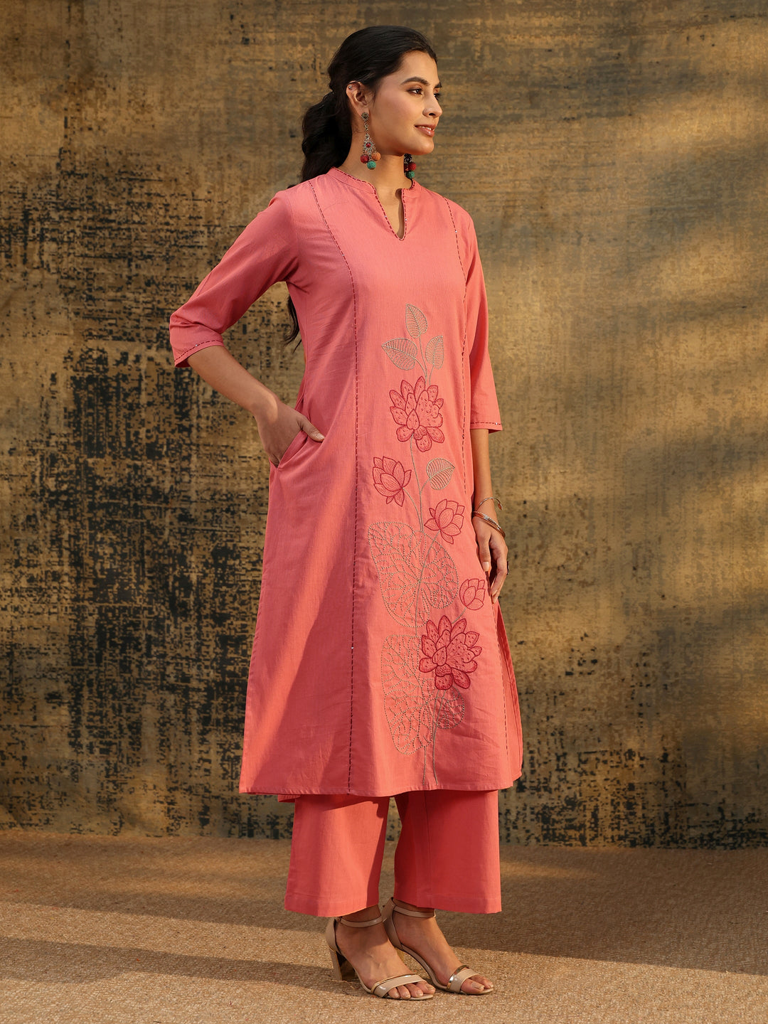 Libas Peach Pink Floral Embroidered Cotton Co-Ord Set
