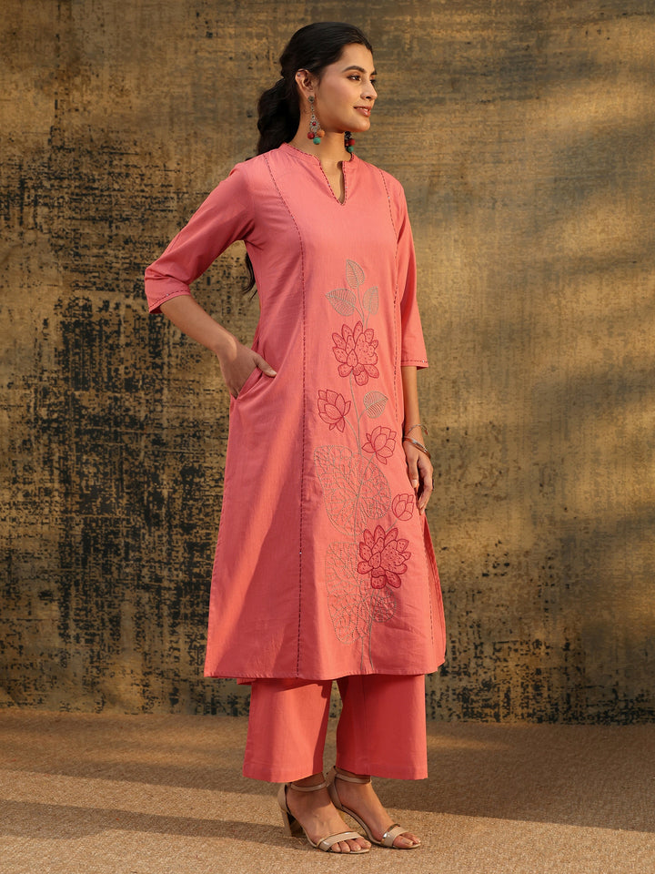 Libas Peach Pink Floral Embroidered Cotton Co-Ord Set