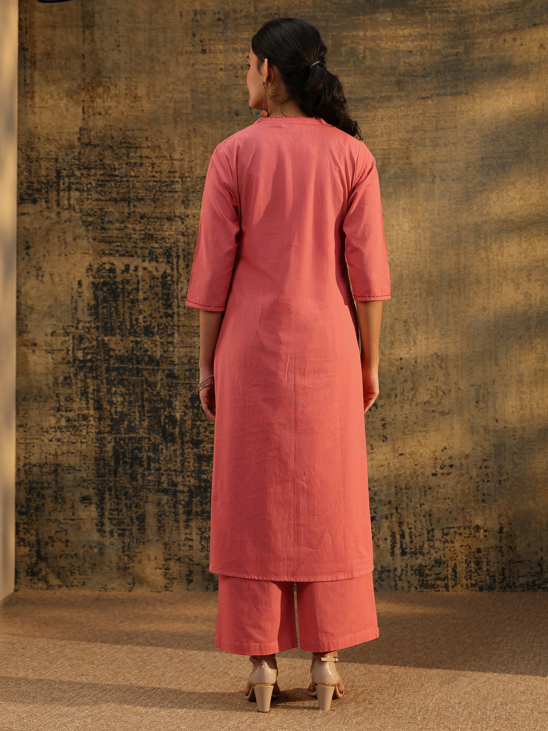 Libas Peach Pink Floral Embroidered Cotton Co-Ord Set
