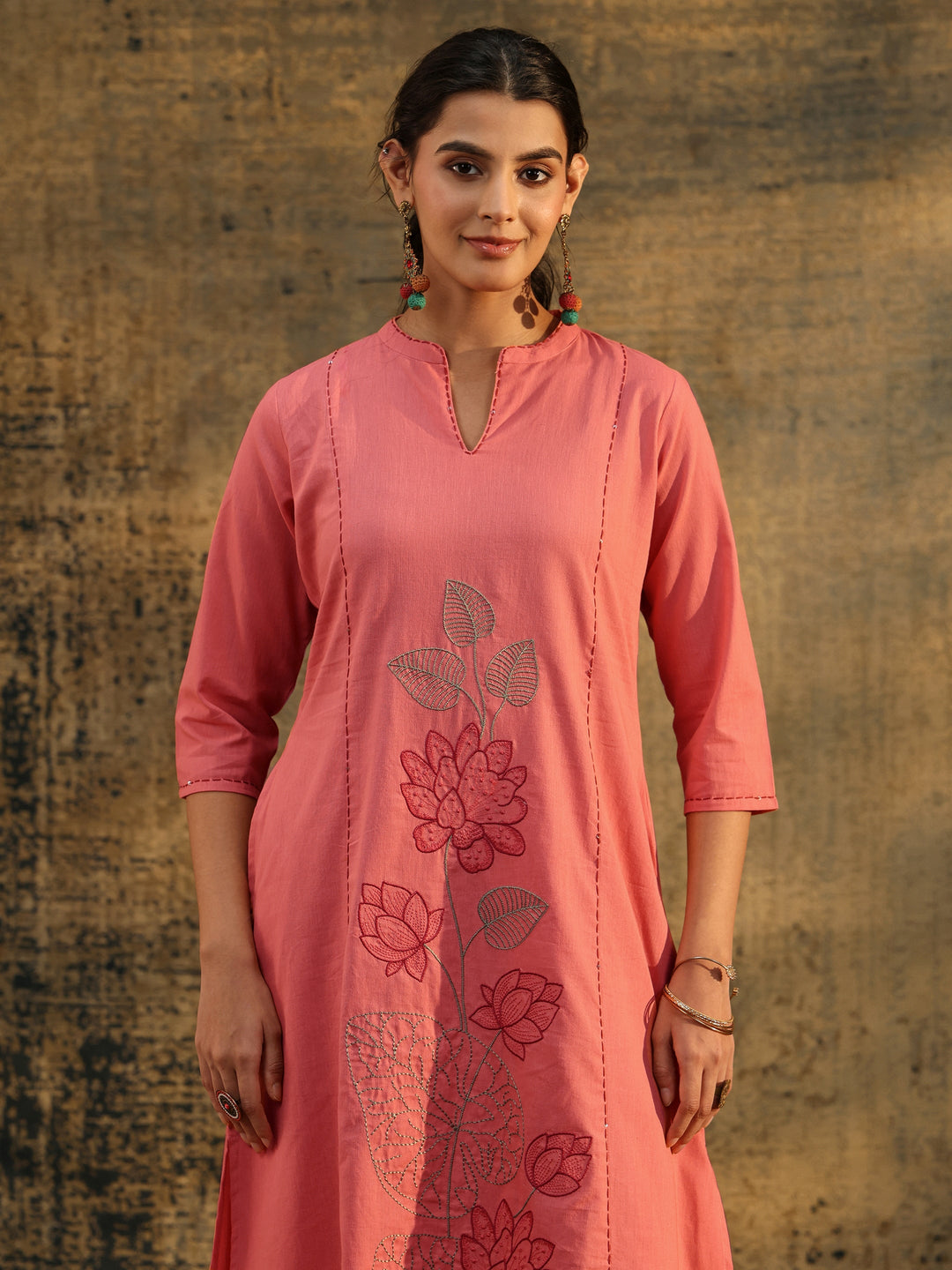 Libas Peach Pink Floral Embroidered Cotton Co-Ord Set