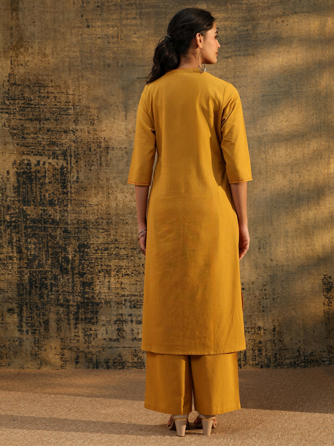 Libas Mustard Floral Embroidered Cotton Co-Ord Set