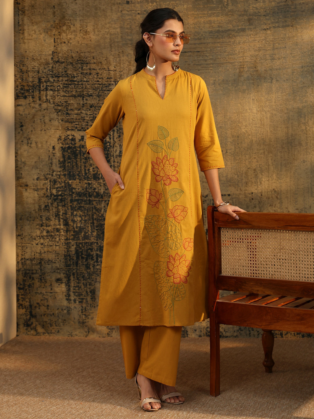 Libas Mustard Floral Embroidered Cotton Co-Ord Set