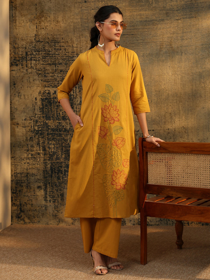 Libas Mustard Floral Embroidered Cotton Co-Ord Set