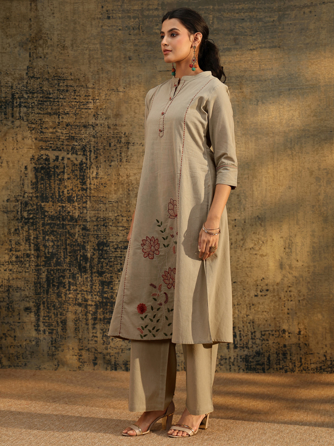 Libas Beige Floral Embroidered Cotton Co-Ord Set