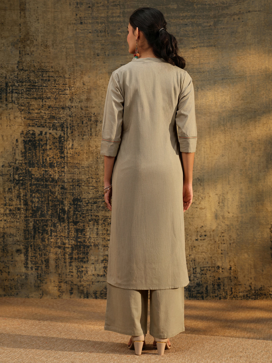 Libas Beige Floral Embroidered Cotton Co-Ord Set
