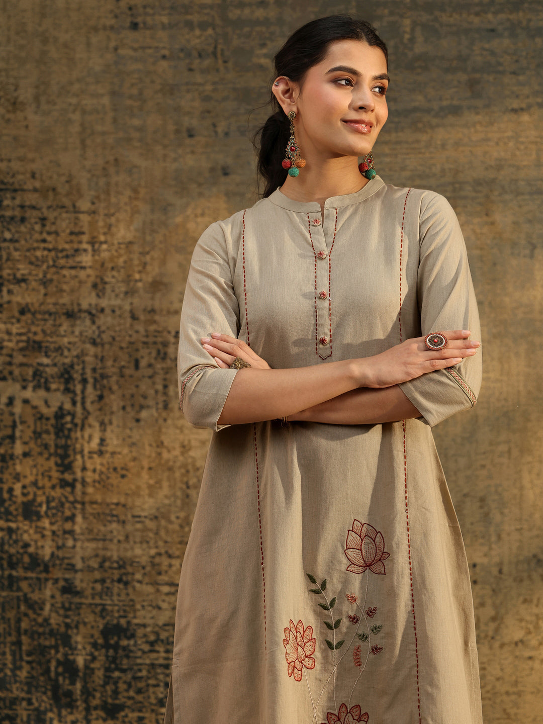 Libas Beige Floral Embroidered Cotton Co-Ord Set