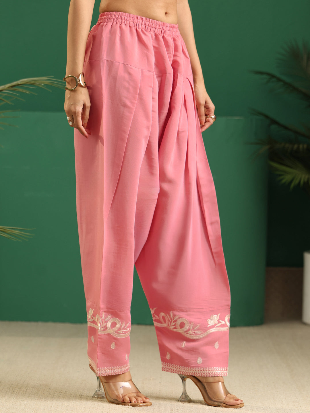 Libas Baby Pink Floral Embroidered Silk Blend Farshi Suit Set