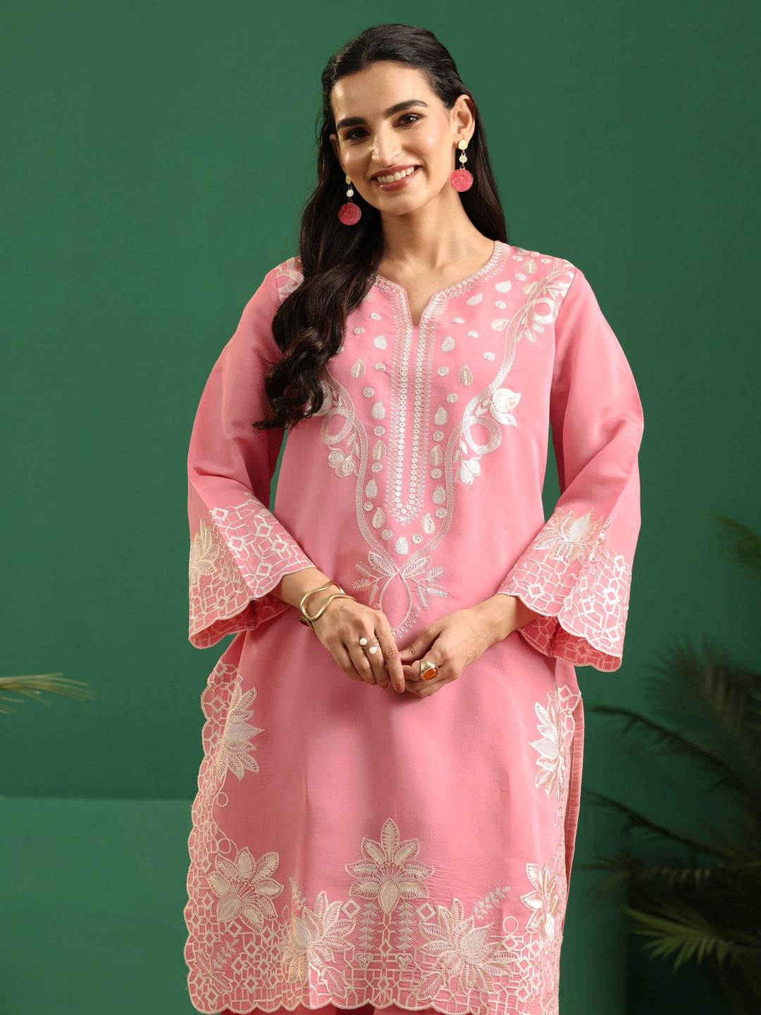 Libas Baby Pink Floral Embroidered Silk Blend Farshi Suit Set