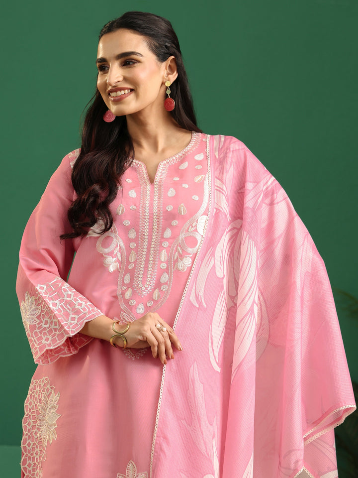 Libas Baby Pink Floral Embroidered Silk Blend Farshi Suit Set