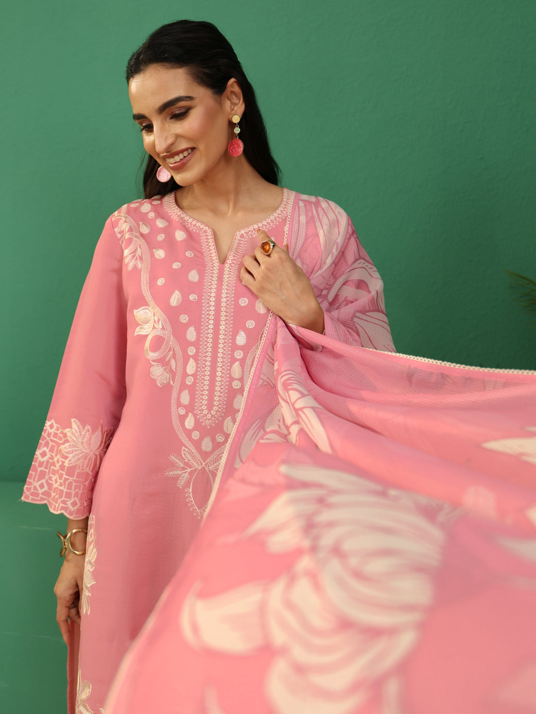 Libas Baby Pink Floral Embroidered Silk Blend Farshi Suit Set