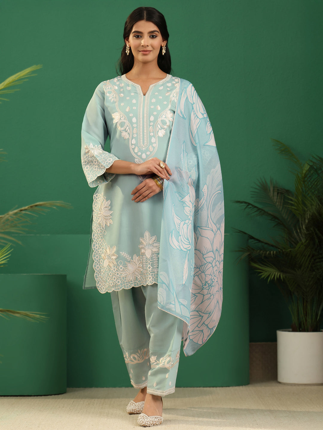 Libas Light Sea Green Floral Embroidered Silk Blend Farshi Suit Set